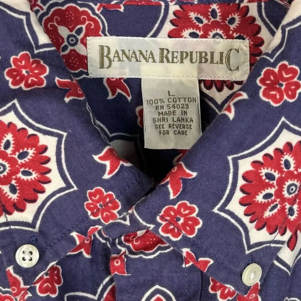 Banana Republic Large Vintage Shirt 80s Mod Boho Floral Op Art Safari Excellent